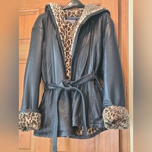 Women's Wilson Leather Coat w Plush Leopard Lining